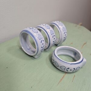 Blue Hearts Ceramic Footed Napkin Rings - Set of 4 Vintage 90s 80s Cottagecore